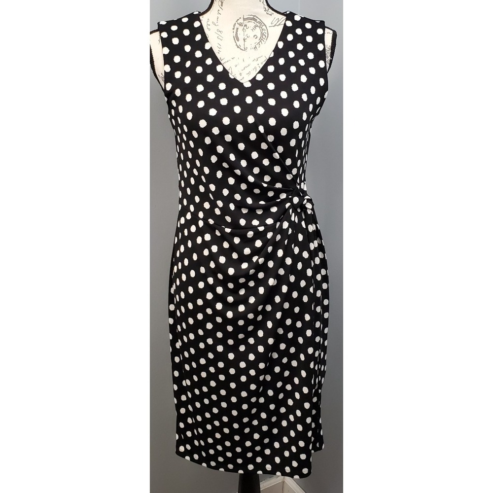 Talbots Dress Women Petite PM Black White Polka Dot V-Neck Side Knot Career Work